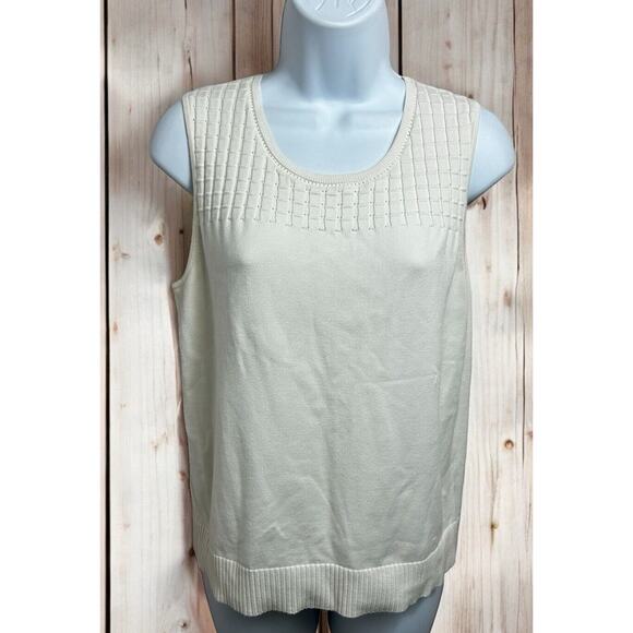 St. John Cream Sleeveless Sweater Sz M Designer Top Waffle Knit Scoop Neck - Picture 1 of 8